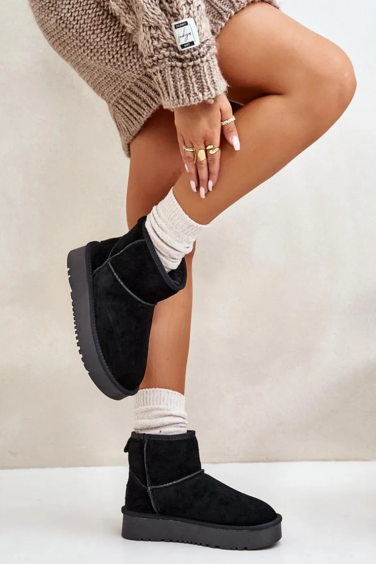 Skórzane Zamszowe Śniegowce Na Platformie Za Kostkę Czarne Rianaella