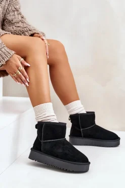 Skórzane Zamszowe Śniegowce Na Platformie Za Kostkę Czarne Rianaella