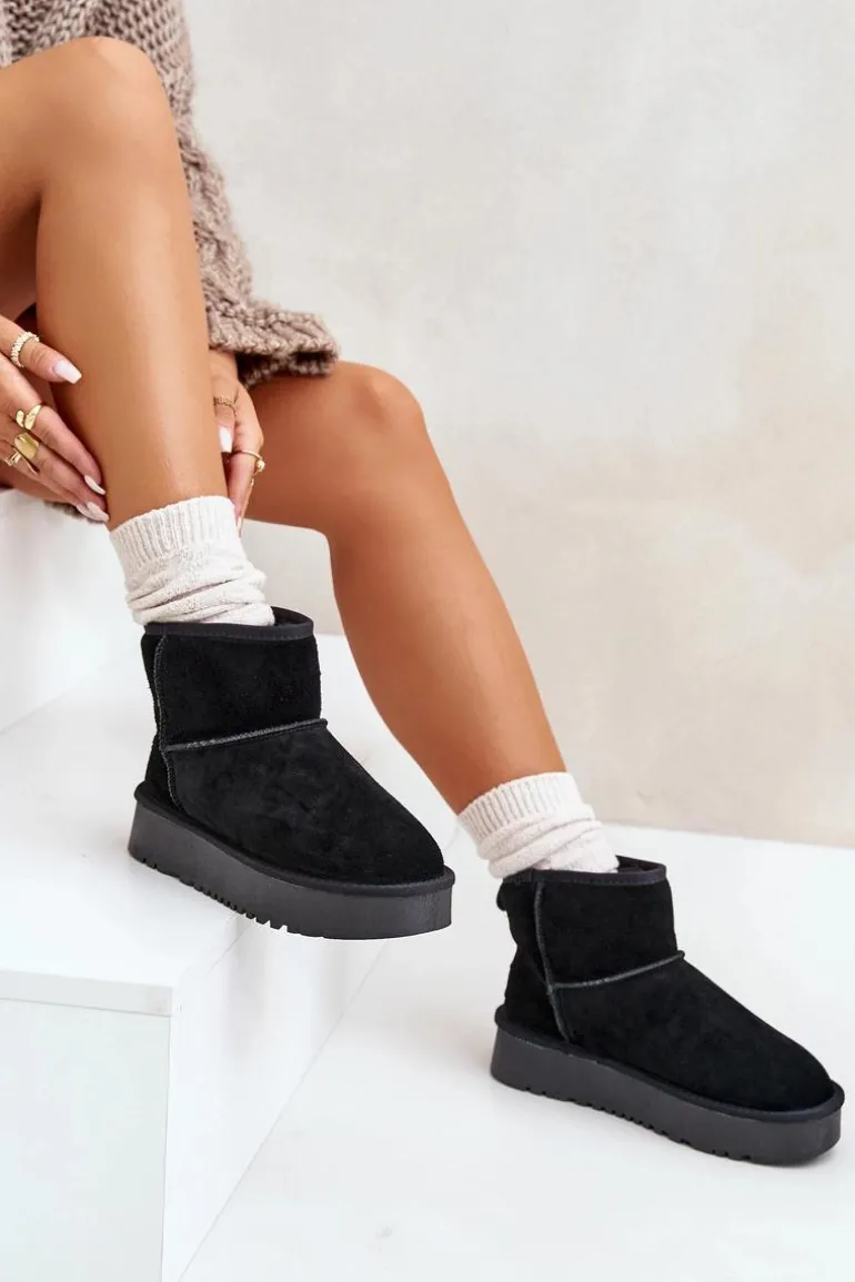 Skórzane Zamszowe Śniegowce Na Platformie Za Kostkę Czarne Rianaella