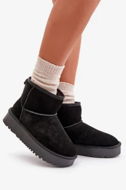 Skórzane Zamszowe Śniegowce Na Platformie Za Kostkę Czarne Rianaella