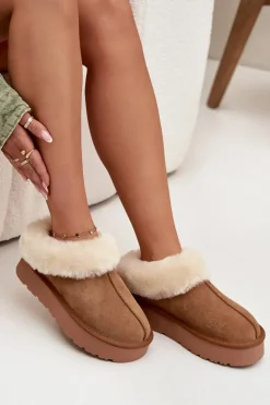 Skórzane Zamszowe Śniegowce Damskie Z Futerkiem Camel Mivelle