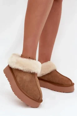 Skórzane Zamszowe Śniegowce Damskie Z Futerkiem Camel Mivelle