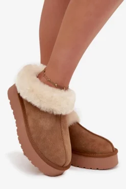 Skórzane Zamszowe Śniegowce Damskie Z Futerkiem Camel Mivelle