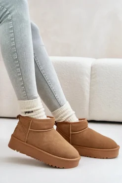 Skórzane Zamszowe Śniegowce Na Platformie Camel Nereviana