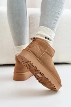 Skórzane Zamszowe Śniegowce Na Platformie Camel Nereviana