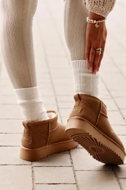 Skórzane Zamszowe Śniegowce Na Platformie Camel Nereviana