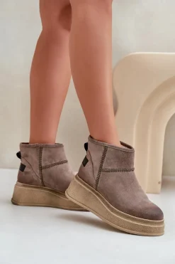 Skórzane Zamszowe Śniegowce Botki Na Platformie I Koturnie Maciejka 06769-02 Ciemnobrązowe