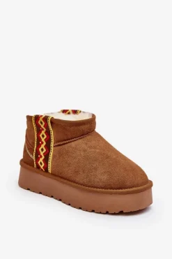 Skórzane Zamszowe Śniegowce Damskie Na Grubej Podeszwie Camel Vebissat