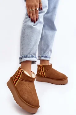 Skórzane Zamszowe Śniegowce Damskie Na Grubej Podeszwie Camel Vebissat