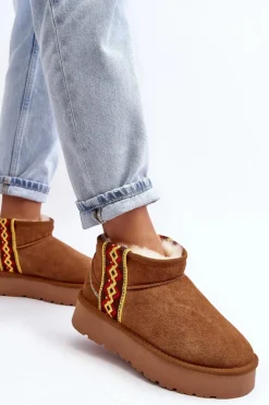 Skórzane Zamszowe Śniegowce Damskie Na Grubej Podeszwie Camel Vebissat