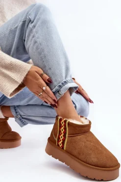 Skórzane Zamszowe Śniegowce Damskie Na Grubej Podeszwie Camel Vebissat