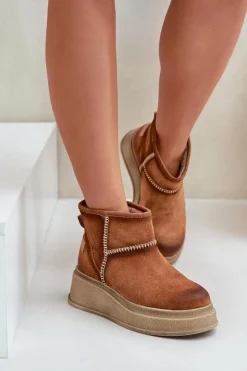 Skórzane Zamszowe Śniegowce Botki Na Platformie I Koturnie Maciejka 06769-29 Brązowe