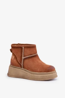 Skórzane Zamszowe Śniegowce Botki Na Platformie I Koturnie Maciejka 06769-29 Brązowe