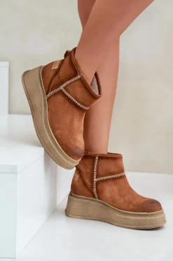 Skórzane Zamszowe Śniegowce Botki Na Platformie I Koturnie Maciejka 06769-29 Brązowe