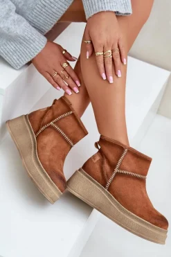 Skórzane Zamszowe Śniegowce Botki Na Platformie I Koturnie Maciejka 06769-29 Brązowe