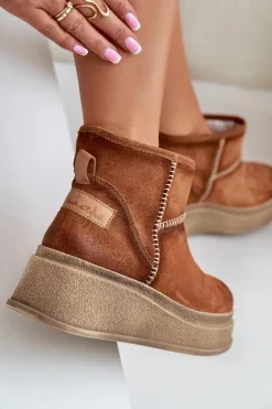 Skórzane Zamszowe Śniegowce Botki Na Platformie I Koturnie Maciejka 06769-29 Brązowe