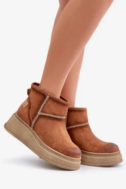 Skórzane Zamszowe Śniegowce Botki Na Platformie I Koturnie Maciejka 06769-29 Brązowe