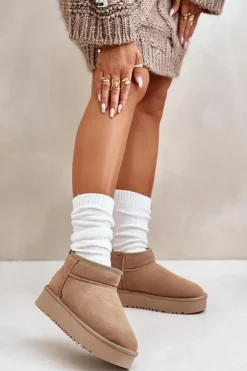 Skórzane Zamszowe Śniegowce Na Platformie Beżowe Nereviana