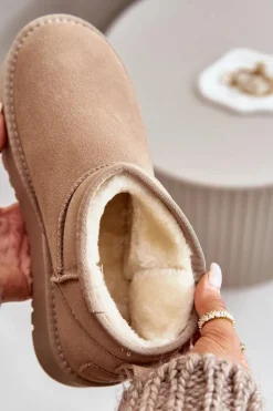 Skórzane Zamszowe Śniegowce Na Platformie Beżowe Nereviana