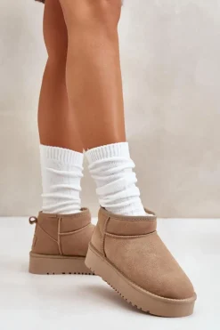 Skórzane Zamszowe Śniegowce Na Platformie Beżowe Nereviana