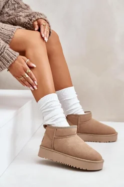 Skórzane Zamszowe Śniegowce Na Platformie Beżowe Nereviana