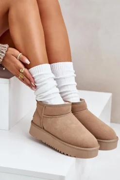 Skórzane Zamszowe Śniegowce Na Platformie Beżowe Nereviana