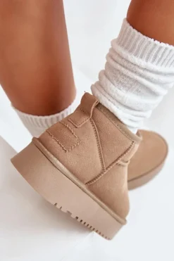 Skórzane Zamszowe Śniegowce Na Platformie Beżowe Nereviana