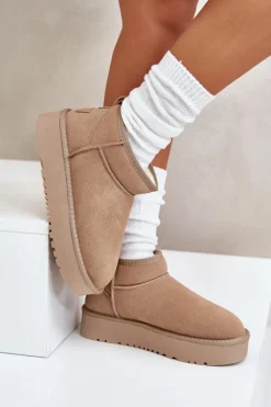 Skórzane Zamszowe Śniegowce Na Platformie Beżowe Nereviana