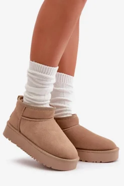 Skórzane Zamszowe Śniegowce Na Platformie Beżowe Nereviana