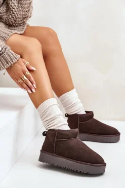 Skórzane Zamszowe Śniegowce Na Platformie Brązowe Nereviana