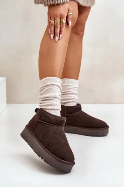 Skórzane Zamszowe Śniegowce Na Platformie Brązowe Nereviana