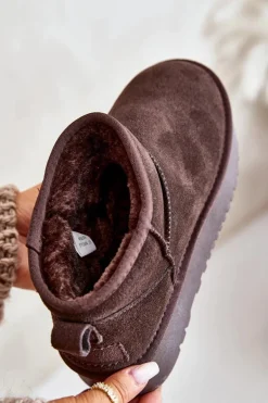 Skórzane Zamszowe Śniegowce Na Platformie Brązowe Nereviana