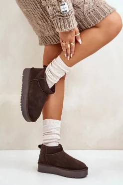 Skórzane Zamszowe Śniegowce Na Platformie Brązowe Nereviana