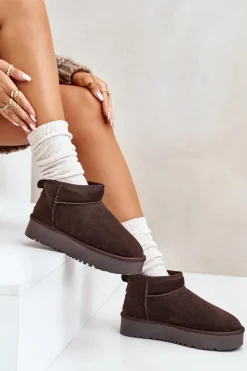 Skórzane Zamszowe Śniegowce Na Platformie Brązowe Nereviana