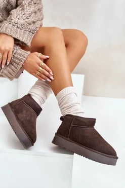 Skórzane Zamszowe Śniegowce Na Platformie Brązowe Nereviana