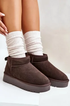 Skórzane Zamszowe Śniegowce Na Platformie Brązowe Nereviana