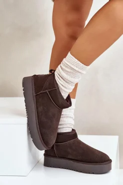 Skórzane Zamszowe Śniegowce Na Platformie Brązowe Nereviana