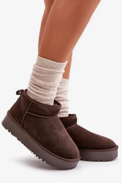 Skórzane Zamszowe Śniegowce Na Platformie Brązowe Nereviana