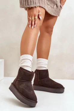 Skórzane Zamszowe Śniegowce Na Platformie Za Kostkę Brązowe Rianaella