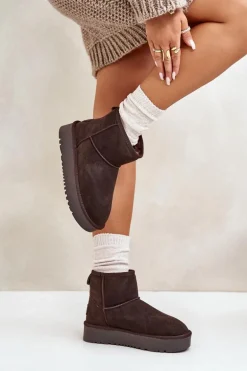 Skórzane Zamszowe Śniegowce Na Platformie Za Kostkę Brązowe Rianaella