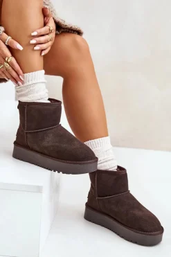 Skórzane Zamszowe Śniegowce Na Platformie Za Kostkę Brązowe Rianaella