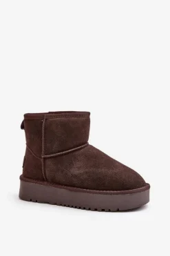 Skórzane Zamszowe Śniegowce Na Platformie Za Kostkę Brązowe Rianaella