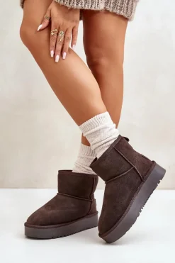 Skórzane Zamszowe Śniegowce Na Platformie Za Kostkę Brązowe Rianaella