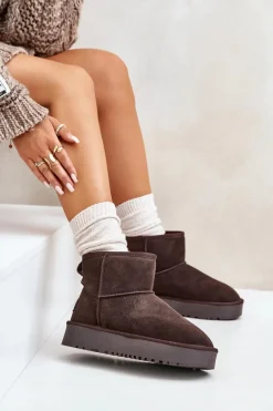 Skórzane Zamszowe Śniegowce Na Platformie Za Kostkę Brązowe Rianaella