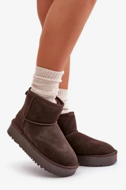 Skórzane Zamszowe Śniegowce Na Platformie Za Kostkę Brązowe Rianaella