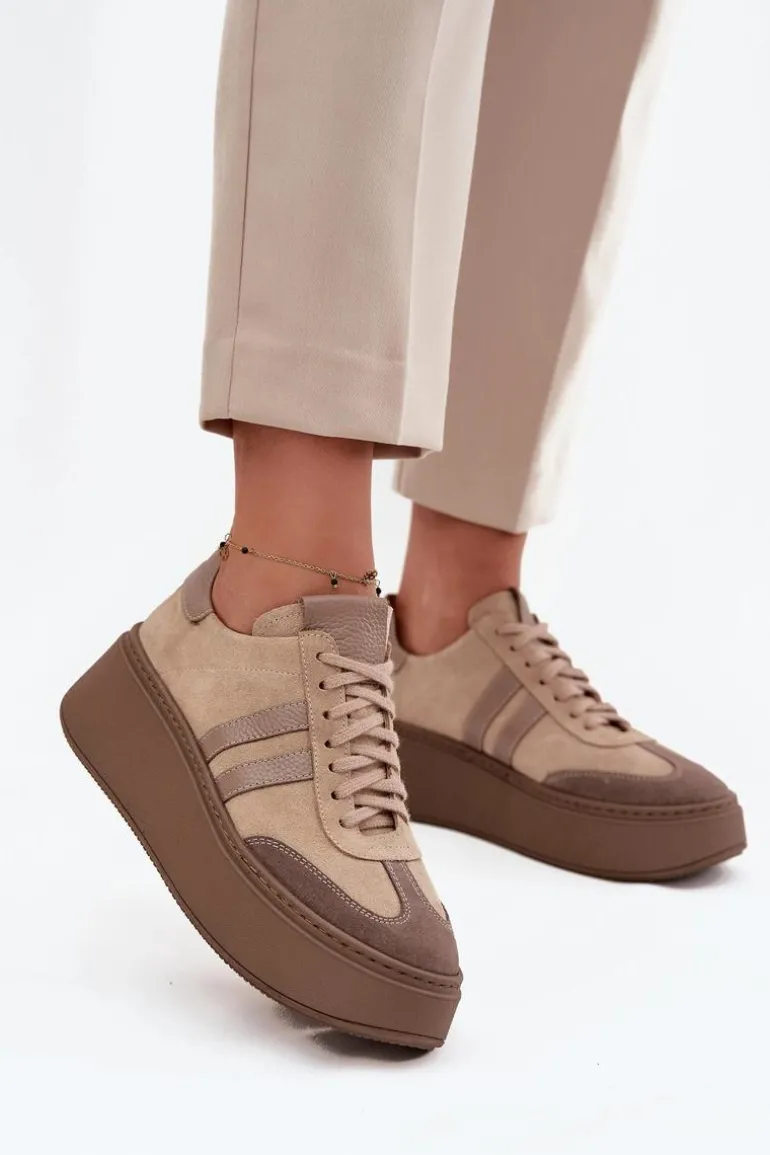 Skórzane Zamszowe Sneakersy Damskie Na Platformie Zazoo 3775 Beżowe
