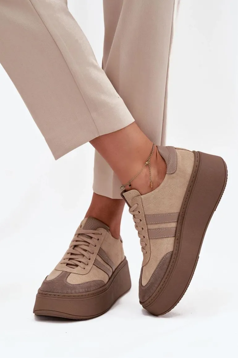 Skórzane Zamszowe Sneakersy Damskie Na Platformie Zazoo 3775 Beżowe