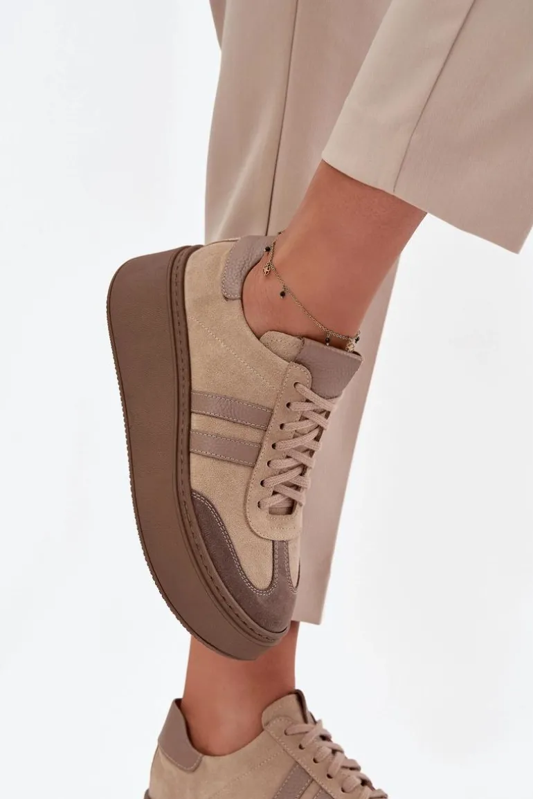Skórzane Zamszowe Sneakersy Damskie Na Platformie Zazoo 3775 Beżowe
