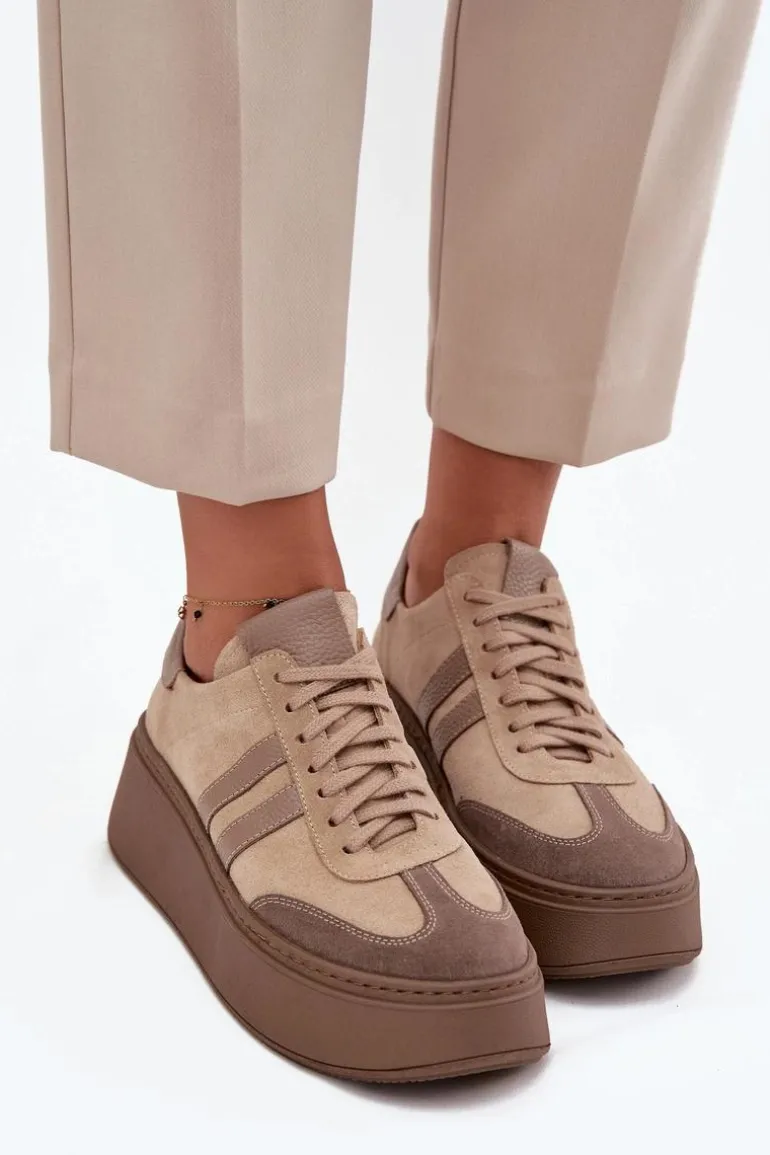 Skórzane Zamszowe Sneakersy Damskie Na Platformie Zazoo 3775 Beżowe