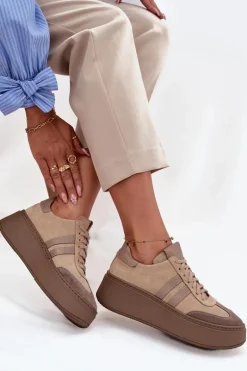 Skórzane Zamszowe Sneakersy Damskie Na Platformie Zazoo 3775 Beżowe